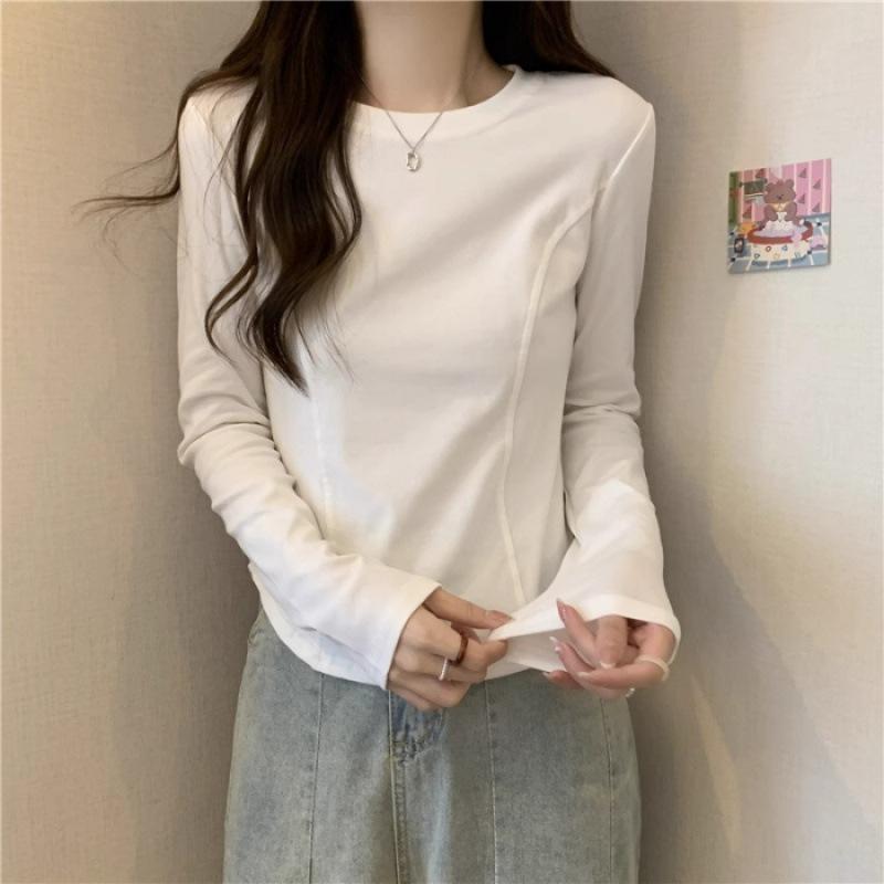 Quality shoulder long-sleeved T-shirt women s early autumn new design sense niche fishbone hem curved short S белый