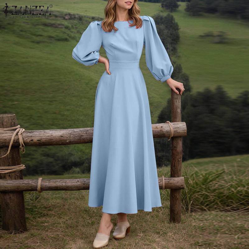 ZANZEA Dame Fritid Rund Hals Løs Puff Langermet Ensfarget Kjole