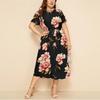 Women's Plus Size Printed Midi Dress - Round Neck, Short Sleeve, Waist-Cinched, European American Style
