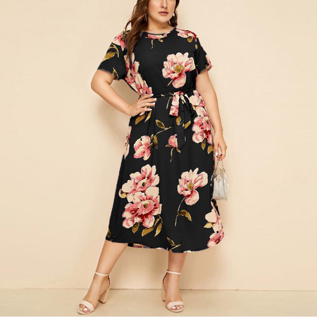 Women's Plus Size Printed Midi Dress - Round Neck, Short Sleeve, Waist-Cinched, European American Style