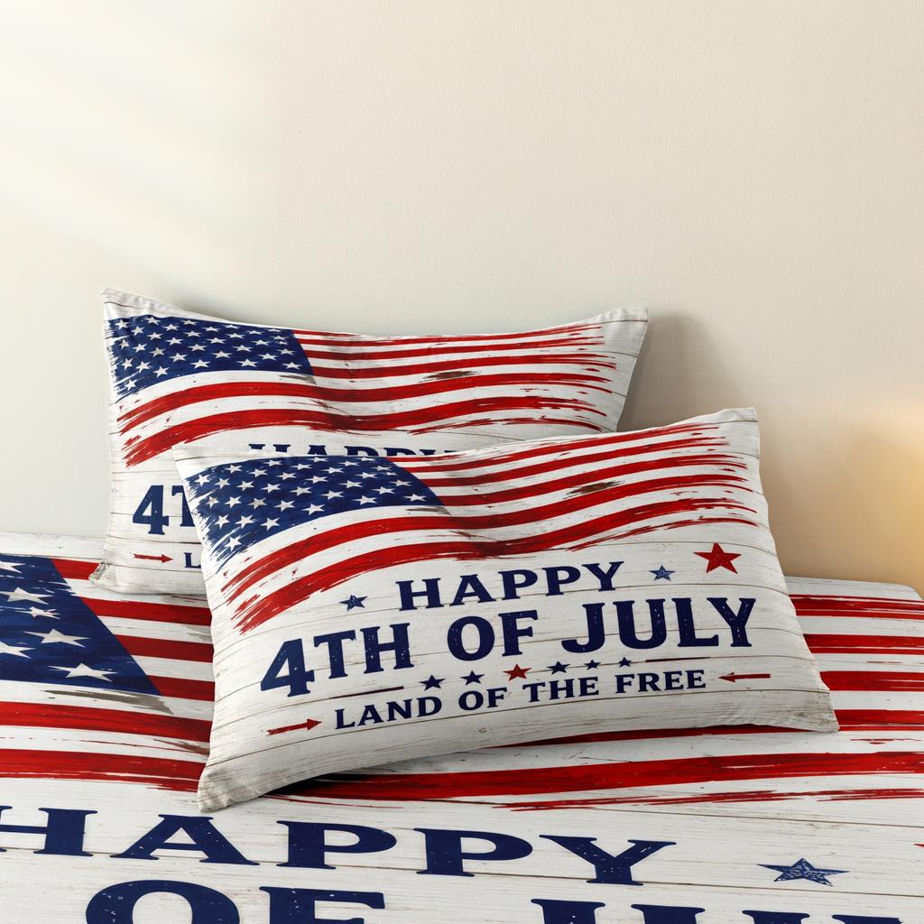 3pcs Vintage Wood Grain Happy 4th of July Print Duvet Cover Set, American Flag Star Stripe Land of The Patriotic Pattern Bedding