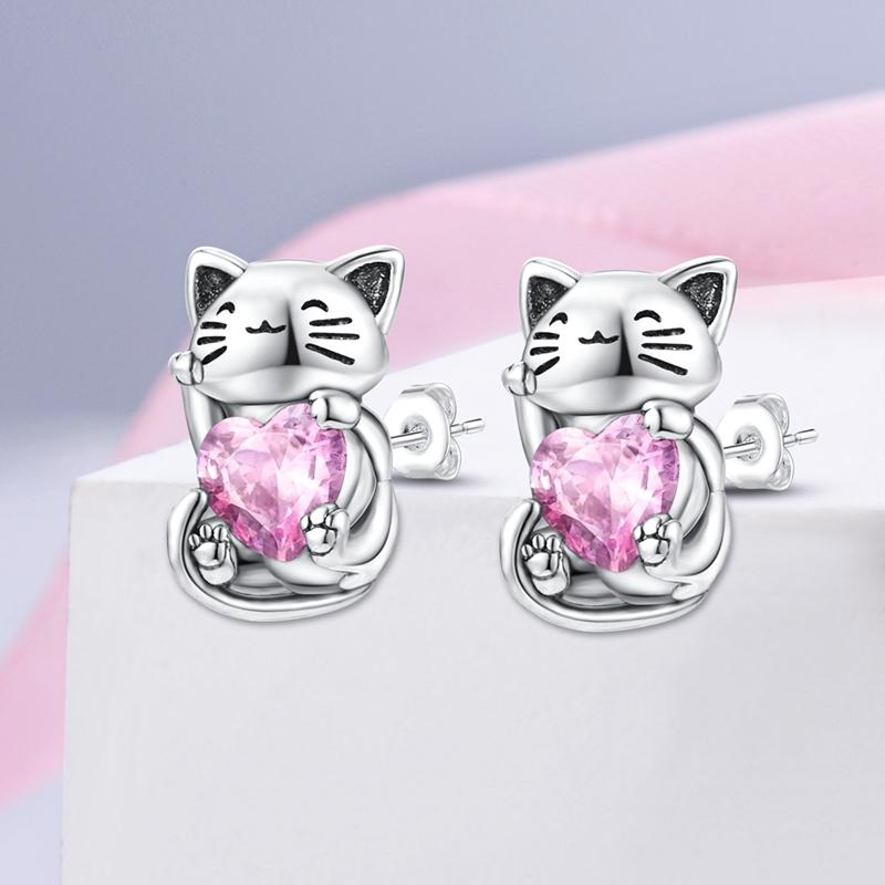 Orecchini A Bottone Gatto In Argento 925 – Piccoli Orecchini Pendenti Con Gatto, Gioielli Animali Per Donne E Ragazze
