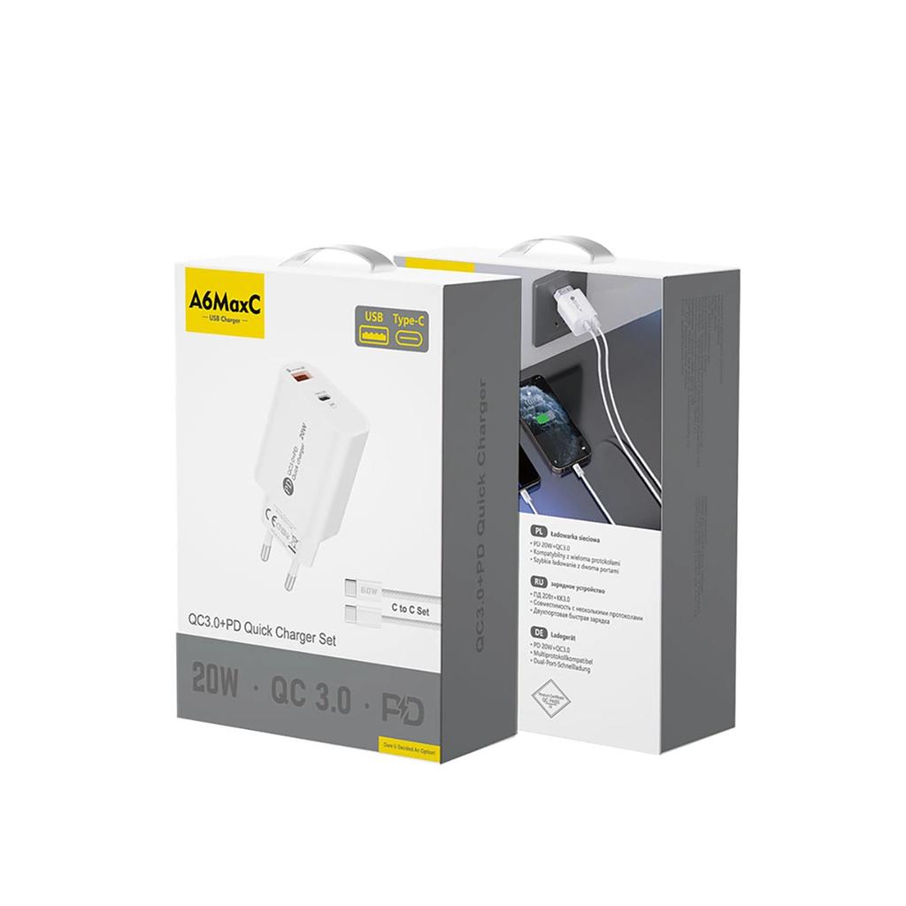 Ładowarka Sieciowa A6Maxc 20W Usb-A Usb-C Z Kablem Usb-C - Usb-C 1M - Biała