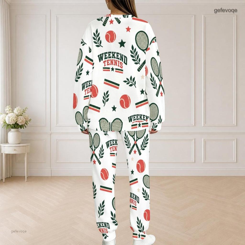 Women Plus Size White Sailboat Printed Round Neck Long Sleeve Top And Pants Two Piece Set