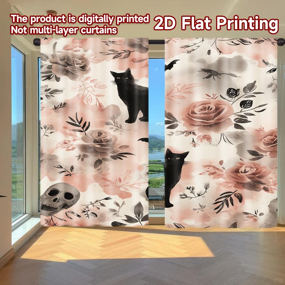 

Set Of 2 Flat Printing Curtains Without Rod Halloween Floral Ghosts Bats April Fools Is Day Holiday Versatile Made Polyester W100*H70(CM)-Grommet top&1PCS
