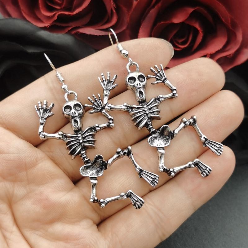 Vintage Goth Skull Dangle Earrings for Women Vintage Silver Color Funny Skeleton Drop Earing Retro Gothic Halloween Jewelry