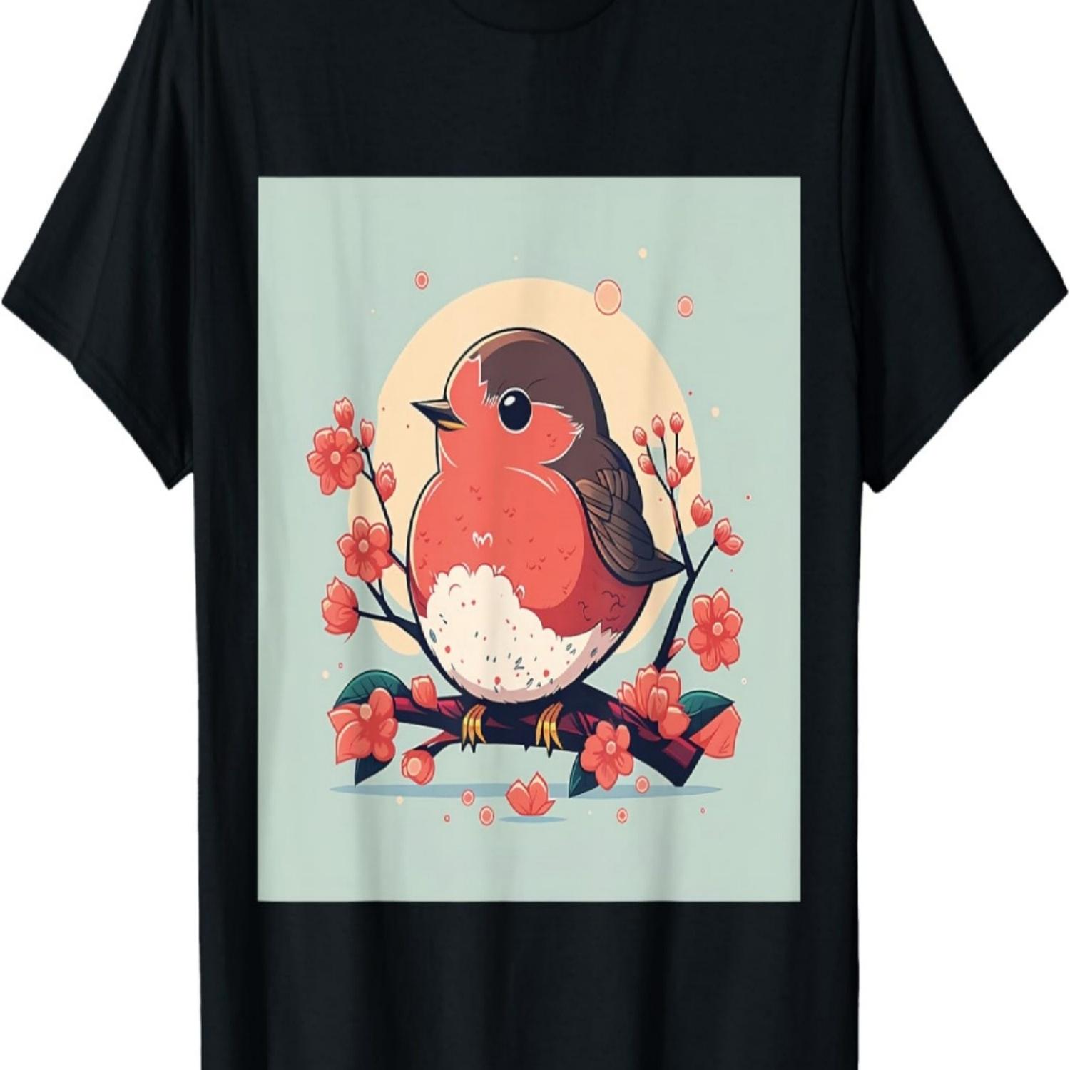 Unique Red Robin Kawaii Cherry Blossom with Eye-Catching T-Shirt S