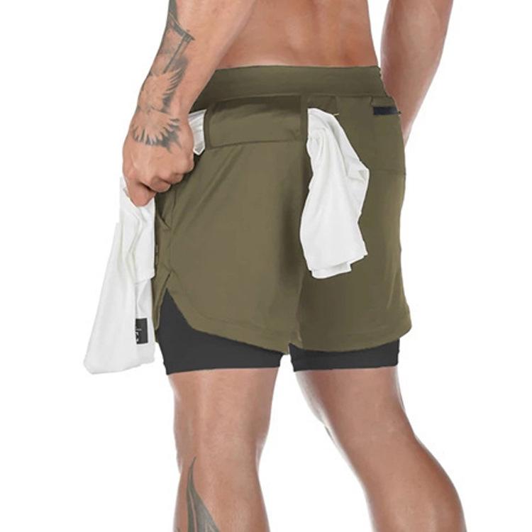 Men's Double Layer Color Block Sports Shorts with Hang Towel - Breathable, Solid Color Fitness Running Shorts.