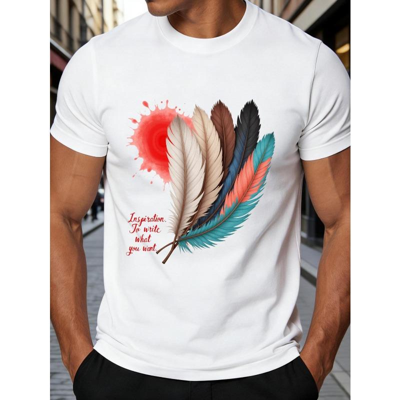 European sizes Bohemian Style Men'S T-Shirt with Feathers And Inspirational Text for Casual Wear in Spring And Summer Perfect Gift