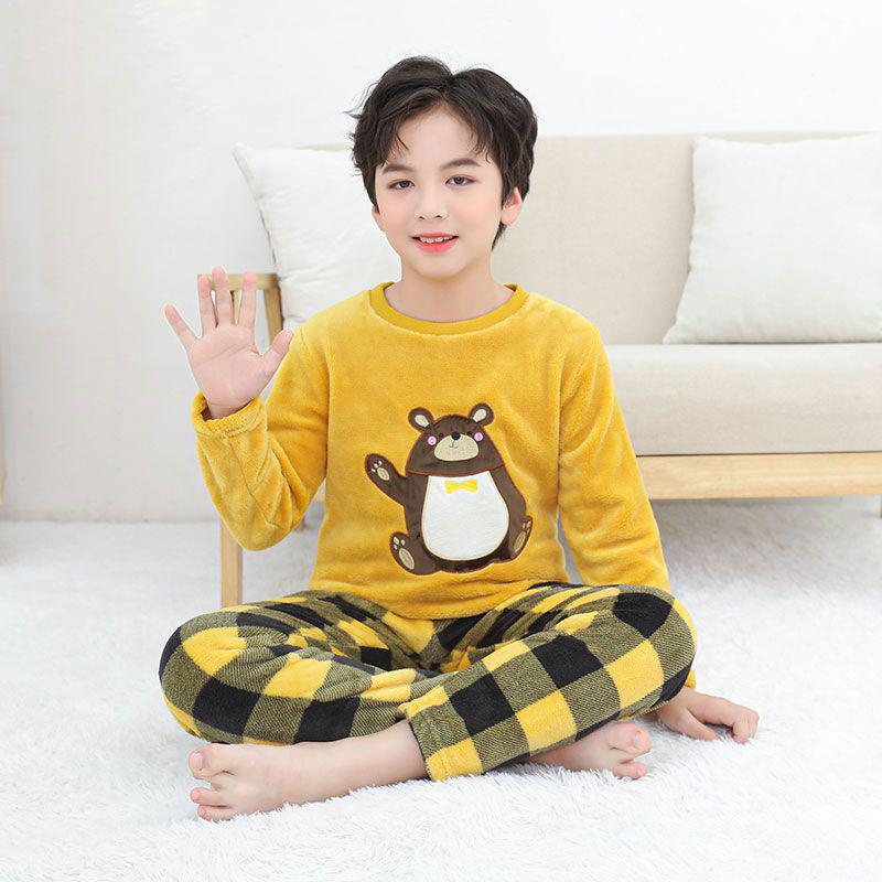 Flannel Boys' Pajama Set - Coral Fleece, Medium-Large, Plus Velvet, Thickened for Autumn/Winter