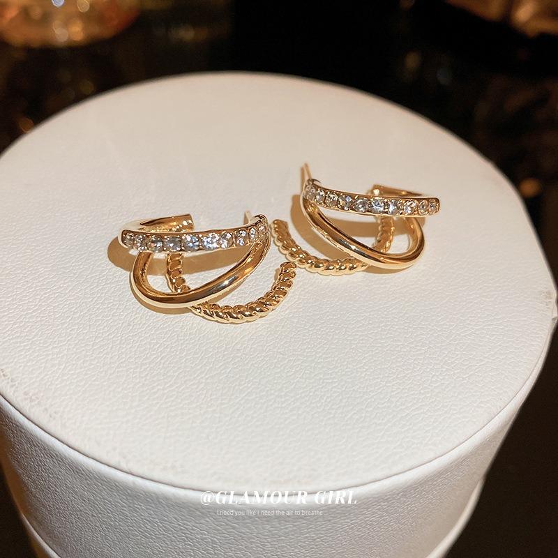 Real gold electroplated silver needle zircon multi-layer C-shaped earrings French niche versatile earrings fashion temperament light luxury earrings