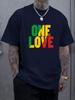 Unisex Summer Black Short Sleeve Tee One Love Rasta Color Letter Print Crew Neck Loose Reggae Streetwear Male Fashion Casual Top