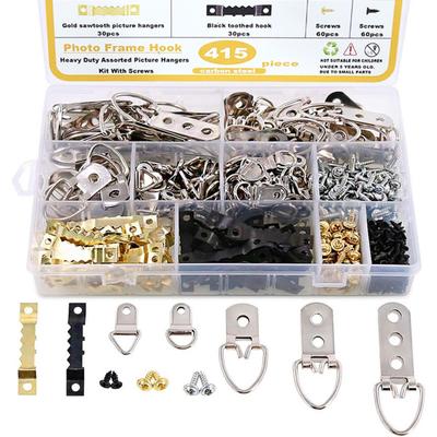 415Pcs Picture Hangers Kit, 7 Sizes D Ring Hangers Sawtooth Hangers Assorted Kit with Screws Boxed Metal Accessories for Wall Mounting Heavy Picture