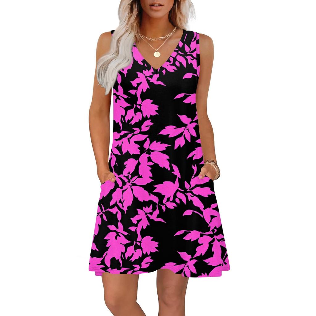 Women's Summer Dresses Loose Fit Printed V Neck Sleeveless Sundresses Beach Hawaiian Dress With Pockets