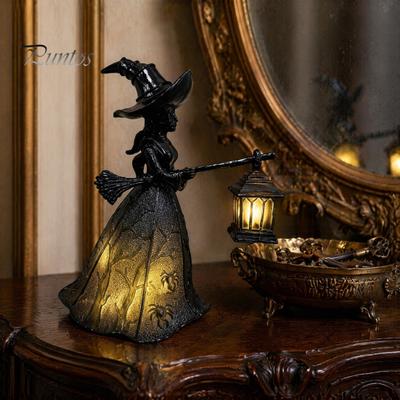 Resin Witch Lantern Ornaments Halloween Holding Light, with Spider Web Pattern Decor, Waterproof Outdoor Decor Gothic Style Glowing Sculpture,