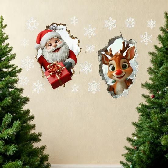 Juleveggklistremerke Realistisk Selvklebende Julenisse Veggdekorasjon 3D Visuell Effekt Tegneserie Elg Klistremerke for Vegger Hjem Stue Lekerom Dekor