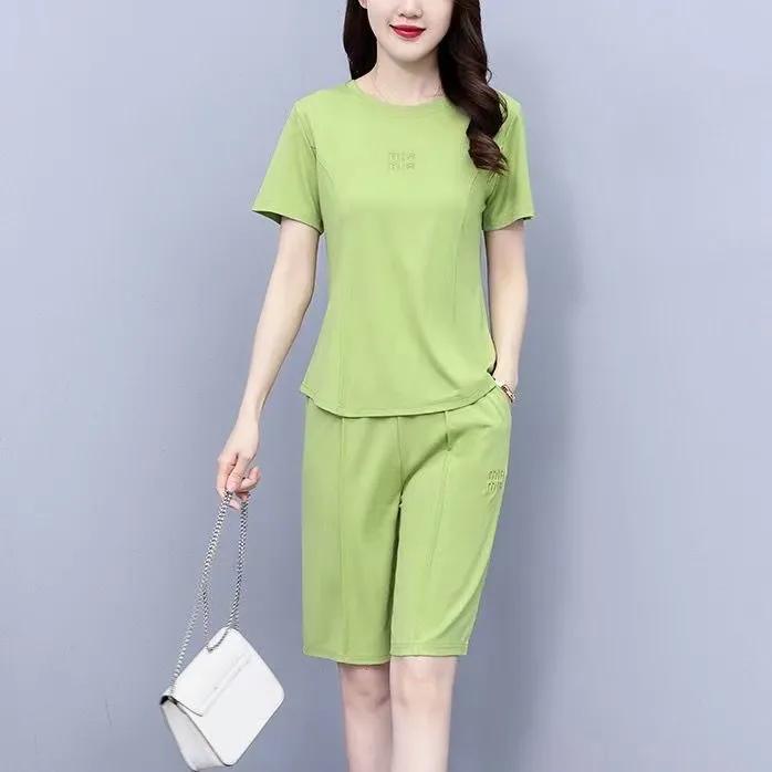 Women's Summer Casual Sportswear Slim Round Neck Short Sleeve Top + Pants Two Piece Set