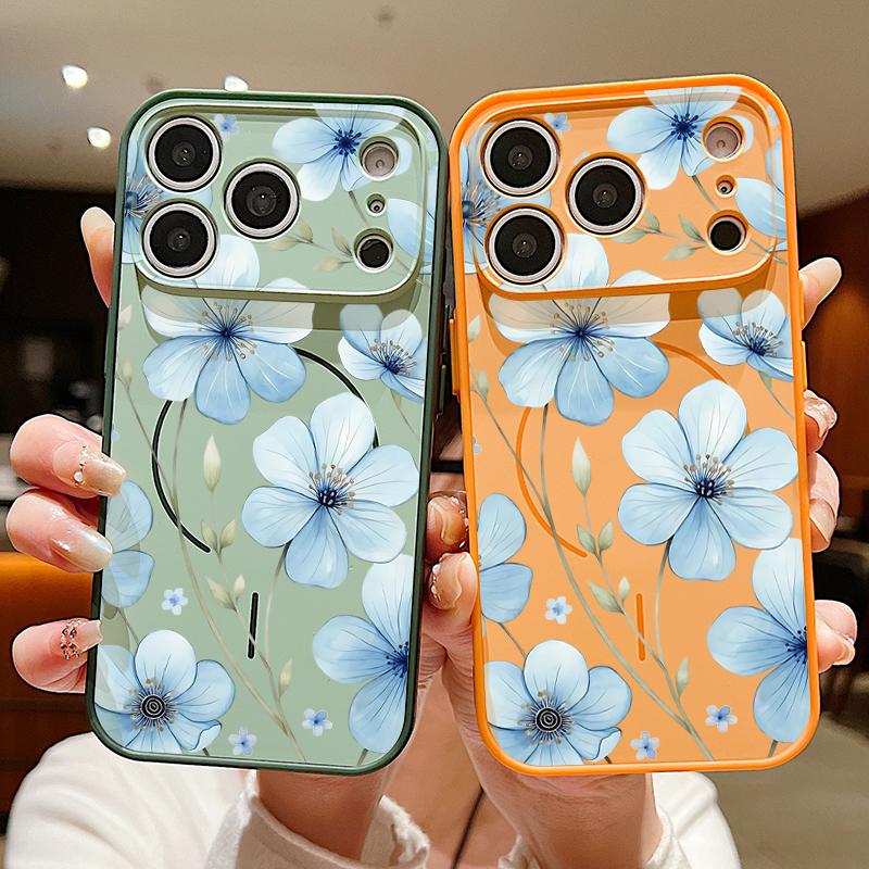Lovely Sky-blue Flowers Pattern Case For iPhone 17 Pro Max Magnetic For Magsafe Skin Feeling Cover For iPhone 16 15 14 13 Pro Max