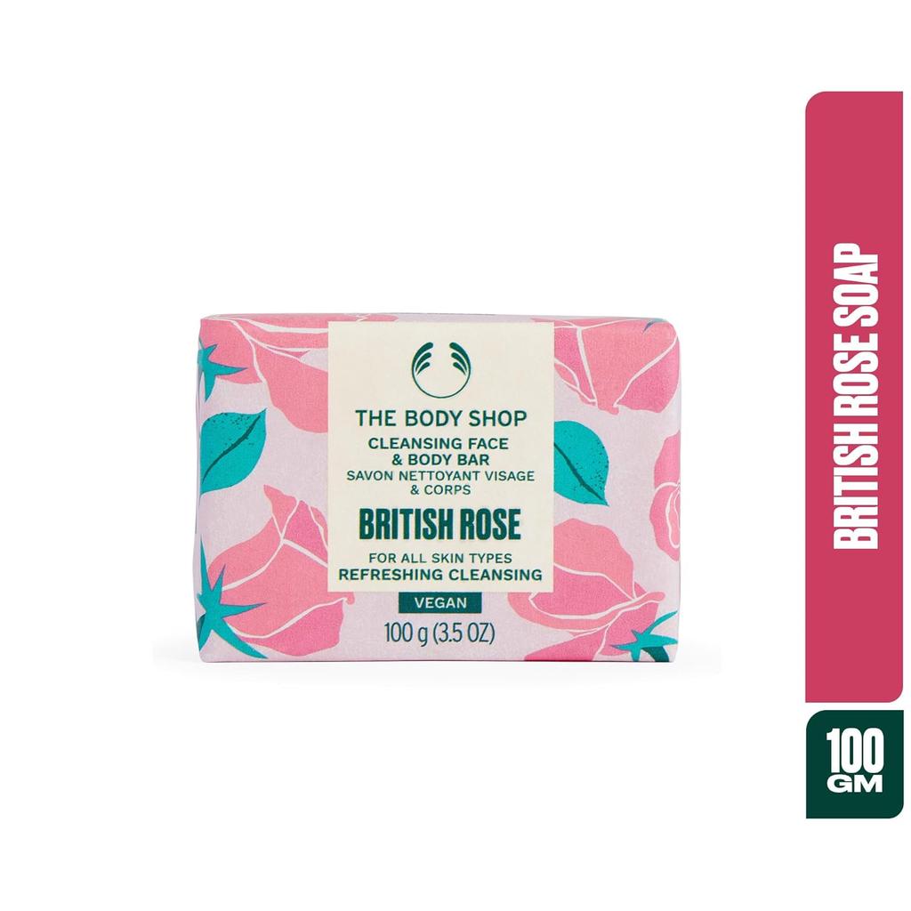 The Body Shop British Rose Cleansing Face & Body Soap 100g Gentle Exfoliating Moisturizing Bar For Daily Use