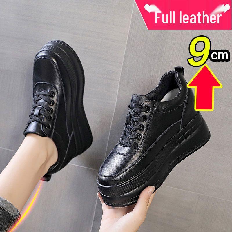 Women's Genuine Leather High Heel Mesh Shoes - 10cm Lift, Thick Sole, Spring Style, White