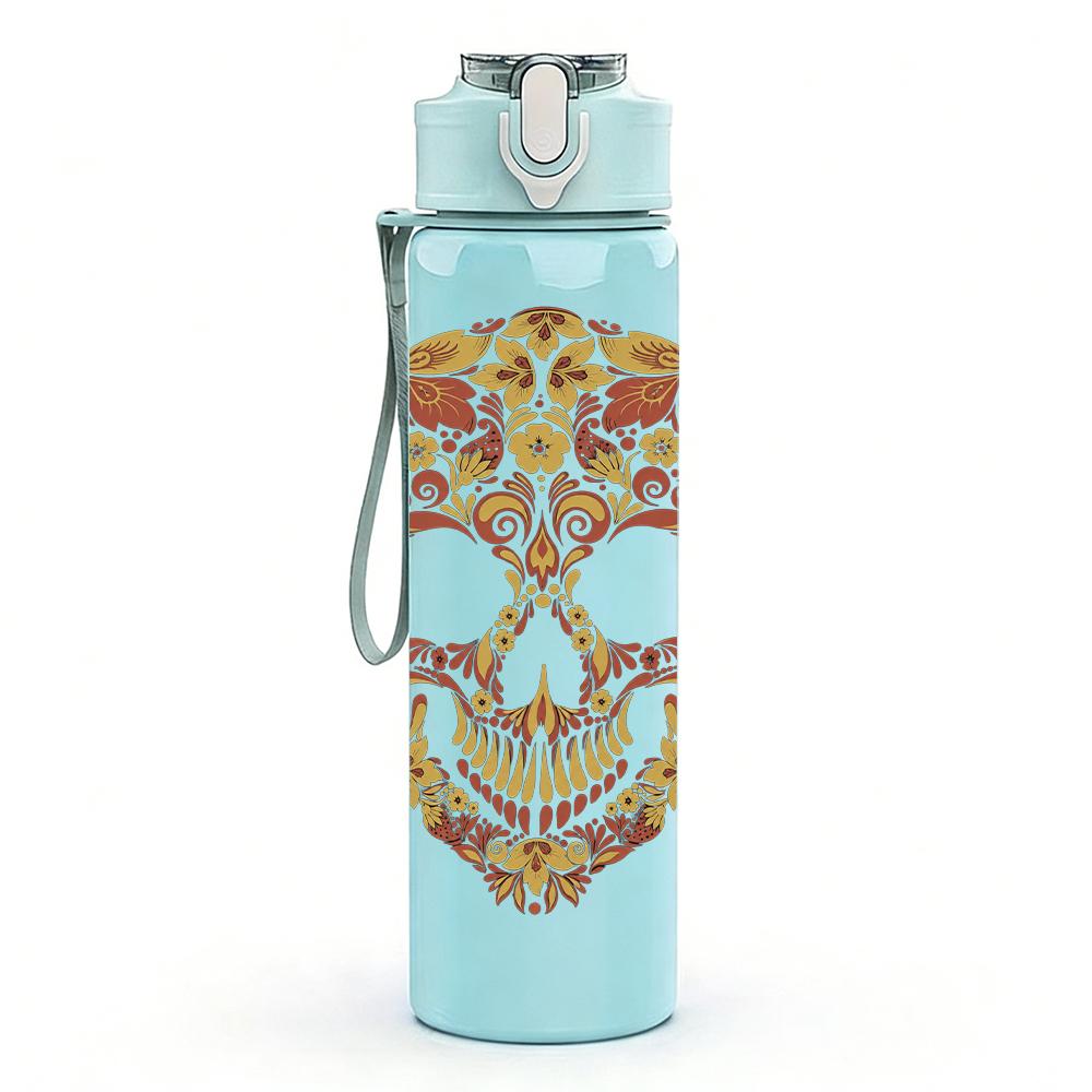 1PC Ornate Floral Skull Retro Art Print 750ml Portable Sports Water Bottle Leakproof Gym Outdoor Travel Drink Cup