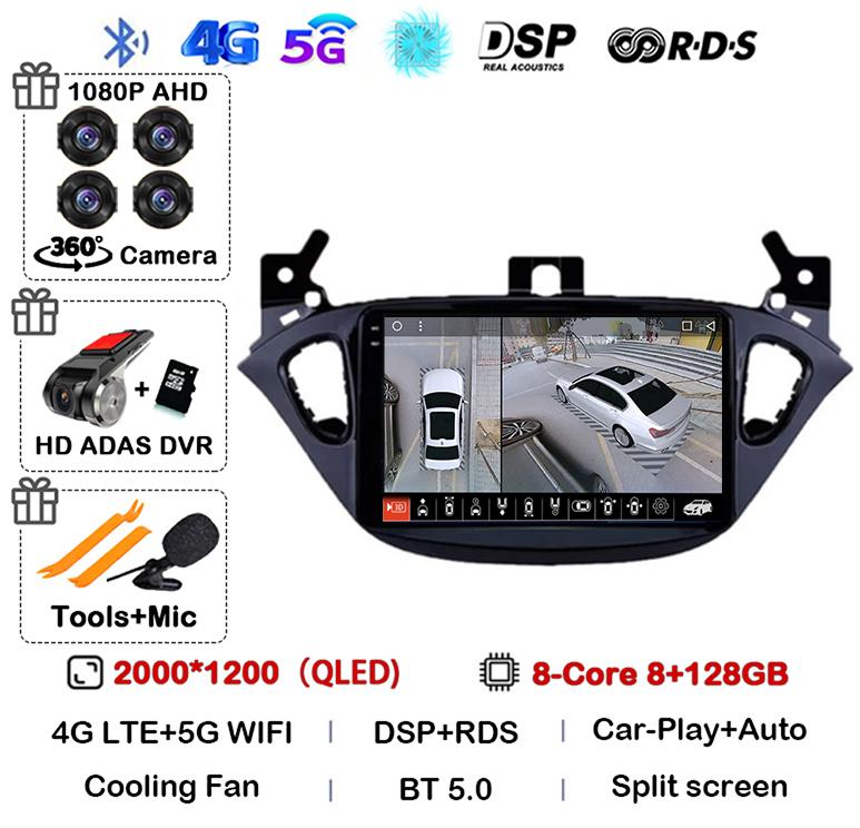 Android 14 Carplay Auto WIFI+4G For Opel Corsa E 2015-2019 For Opel Adam 2013-2016 Car Radio GPS Multimedia Video Player Stereo