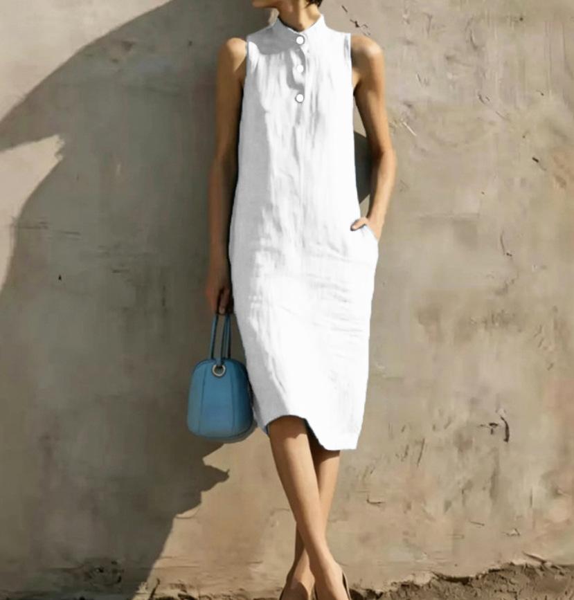 Women S Loose Sleeveless Solid Color Beach Midi Dress