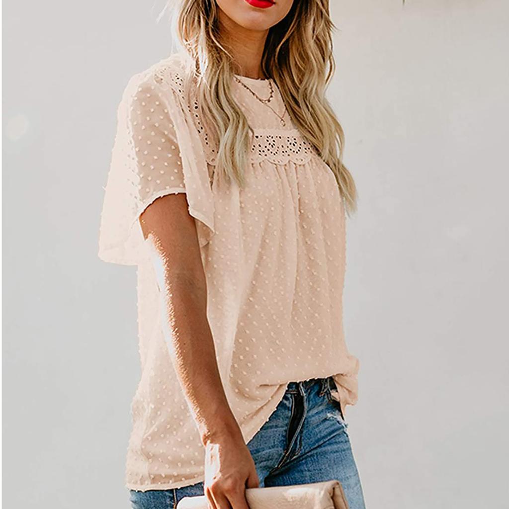 Women Fashion Lace Short Sleeve Casual T-shirt Round Neck Loose Top