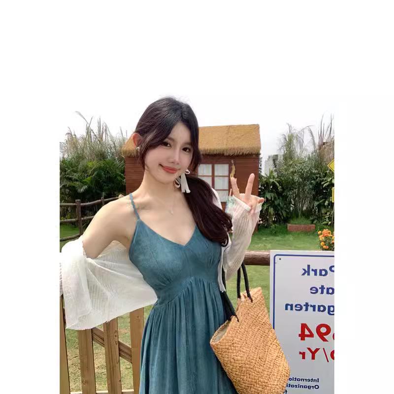 Women's Plus Size Summer A-Line V-Neck Suspender Dress, Chinese Style with Slim Waist and Tube Top Design
