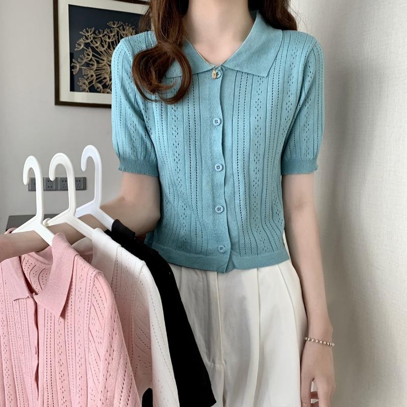 Knit Sweater Short Sleeve Tops Summer Thin Design Pink Hollow High Waist Short Paragraph Casual Essential Comfort and Style Slim Fit Pullovers Tees