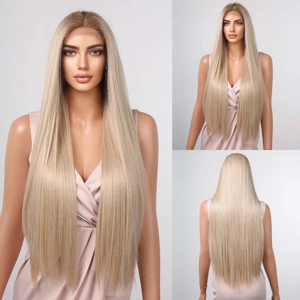 LOUIS FERRE Parrucca sintetica frontale in pizzo marrone lungo a strati 13x4x1 Parrucche in pizzo dritto marrone scuro con attaccatura naturale dei capelli Capelli finti morbidi quotidiani