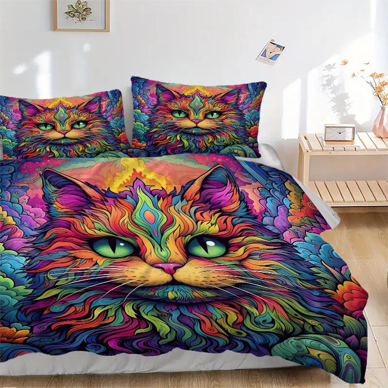 3pcs Cat Art Design Printed Bedding Set, Soft and Comfortable Quilt Cover for Bedroom, Guest Room (1 Duvet Cover + 2 Pillowcases, Pillow Cor