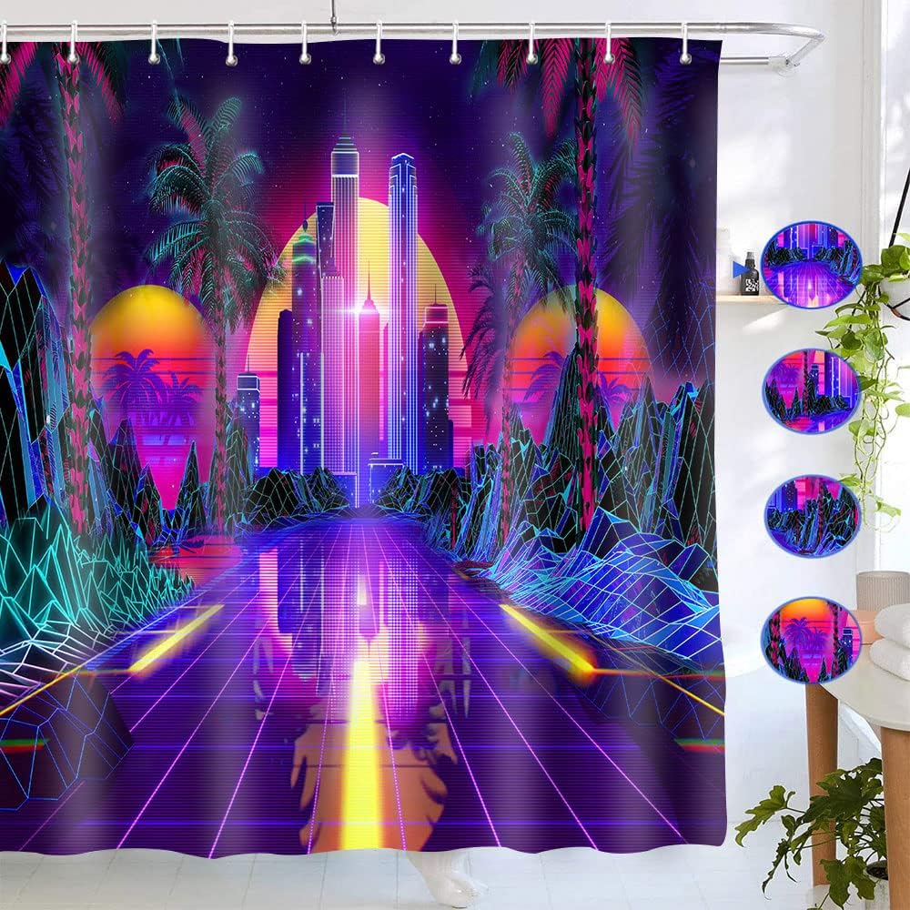 Punk Shower Curtain Retro 80 S Party Sci-Fi Neon Tropical Coconut Tree Colorful Abstract Bathroom Decoration Accessories Curtain