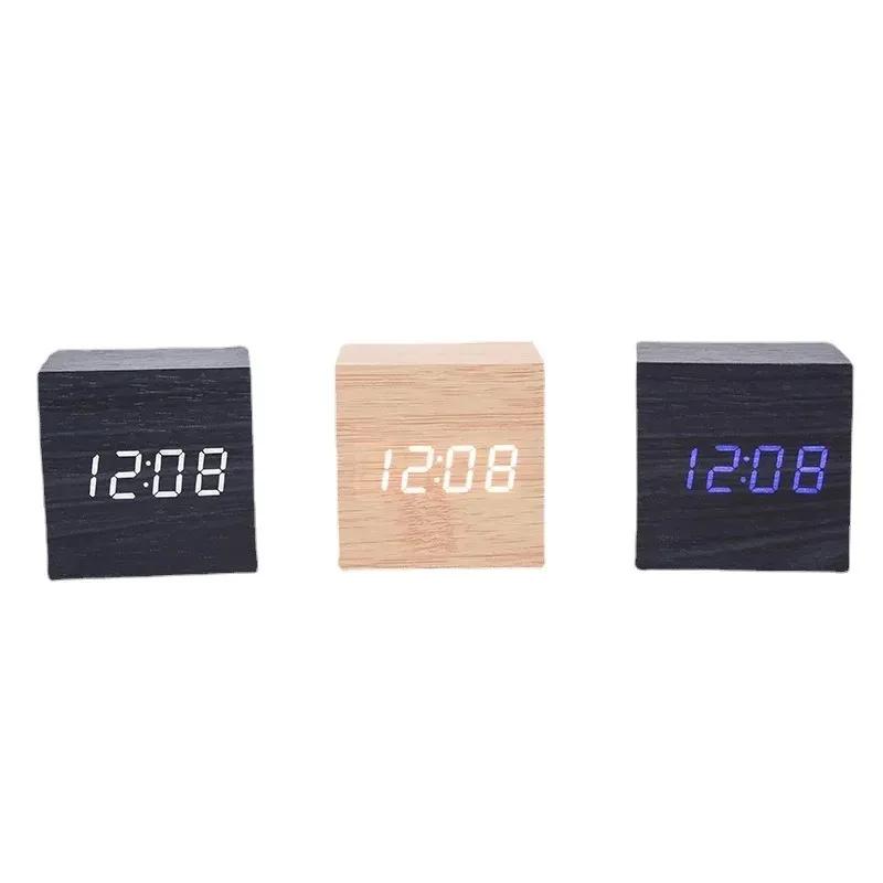 2024 Digital Alarm Clock Wooden Alarm Clock USB/Battery Powered, Mini Cube LED Digital Clock with Time/ Date/ Temperature Display