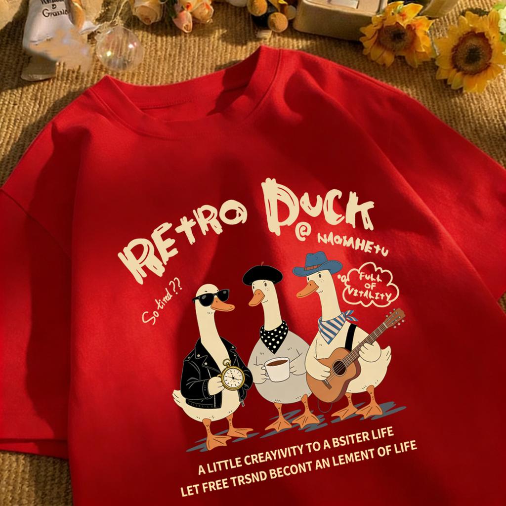 Retro Duck With Free Time Print Short Sleeve Unisex Cotton Fashion O-Neck Top Retro Basics Clothing Unisex Summer Loose Tee