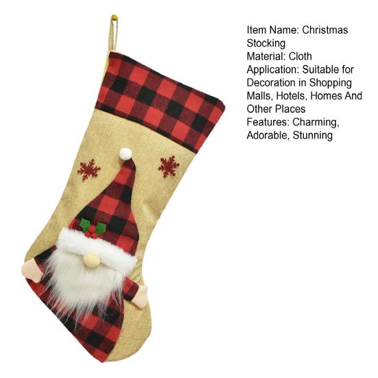 Christmas Stockings 18" Burlap Plaid Fireplace Hanging Stockings 3D Plush Santa Claus/Snowman/Reindeer Large Xmas Stockings for Holiday Party Decor