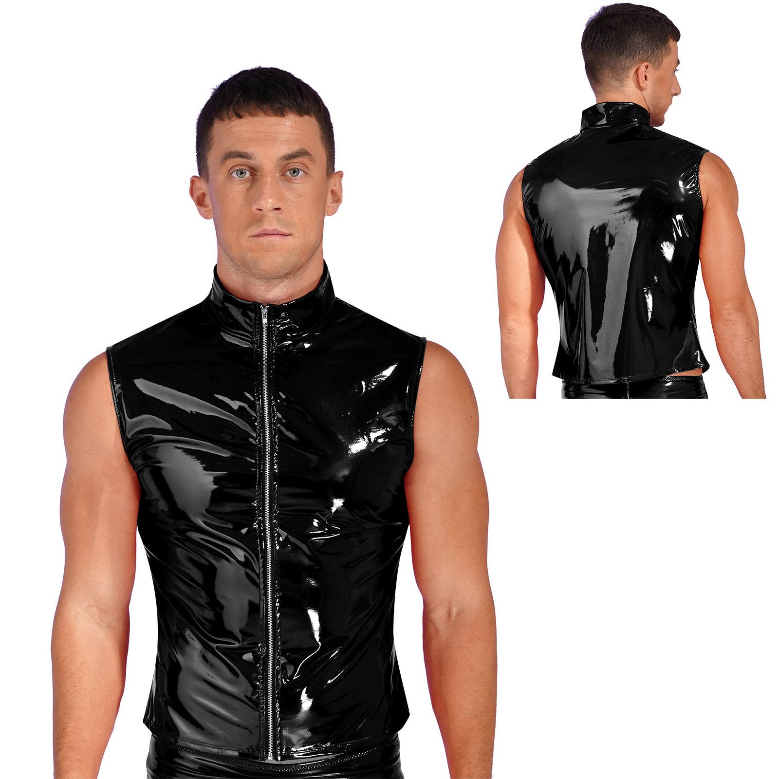 

Мужские топы без рукавов из лакированной кожи с мокрым эффектом и блестящей молнией для рейв-экипировки для танцев на пилоне XL чёрный