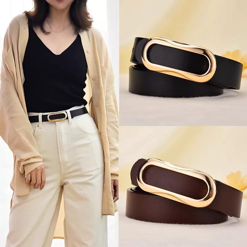 Women's Genuine Leather Black Belt - Casual, Simple, Versatile Accessory for Waist and Jeans, Thin Design for Suit Pants