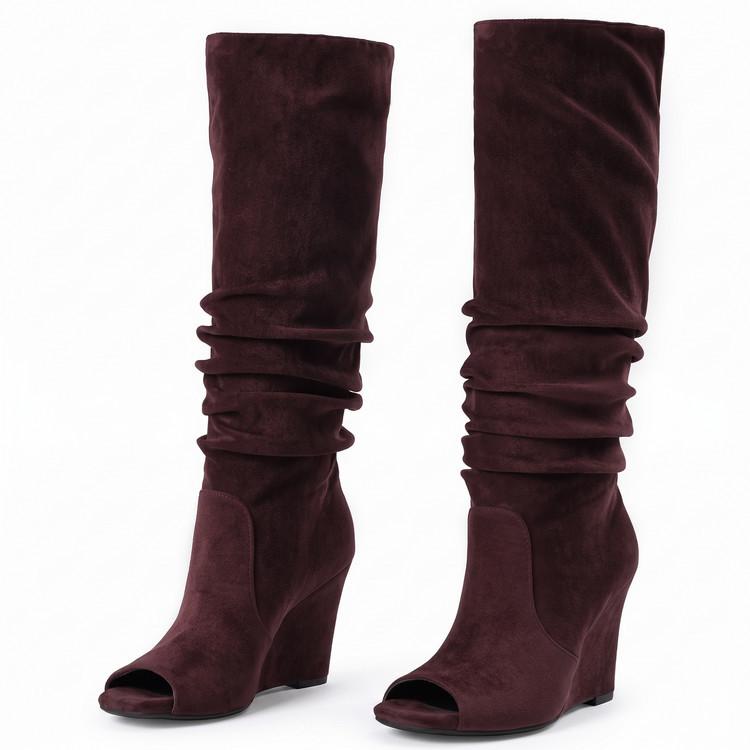 Black Suede Pile Boot Cover High Heel Sandals Autumn and Winter Long Tube Fish Mouth Slope Heel Skinny Boots