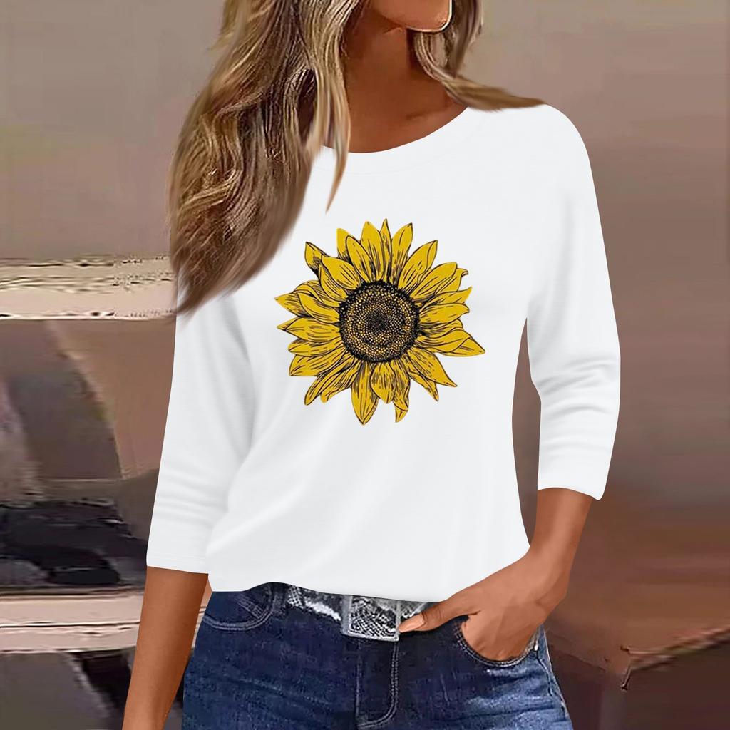 Women's Fashion Casual Round Neck 3/4 Sleeve Loose  Printed T-Shirt Ladies Top