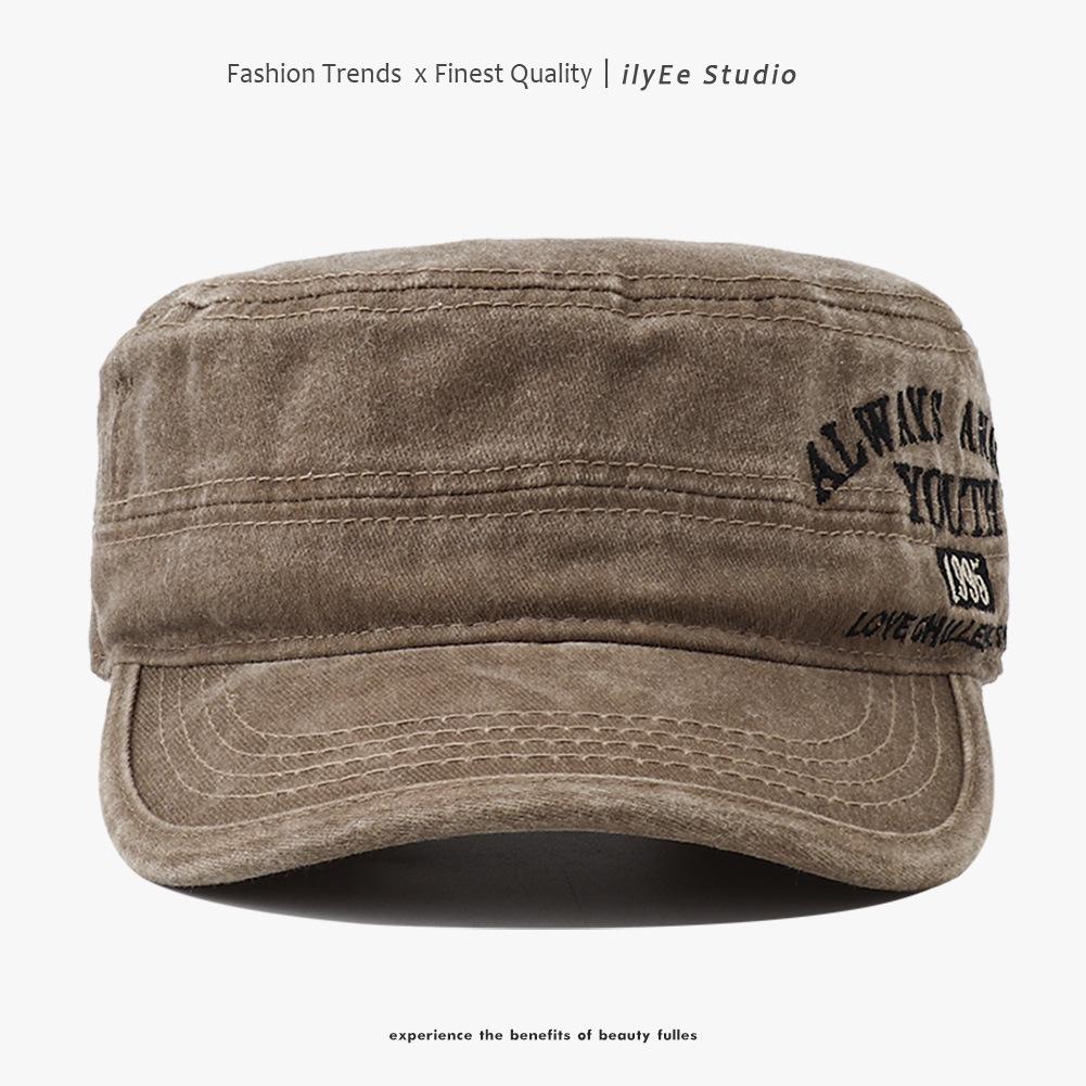 Spring/Summer Washed Cotton Curved Brim Baseball Cap with Letter Embroidery - Unisex Flat-Top Military Style