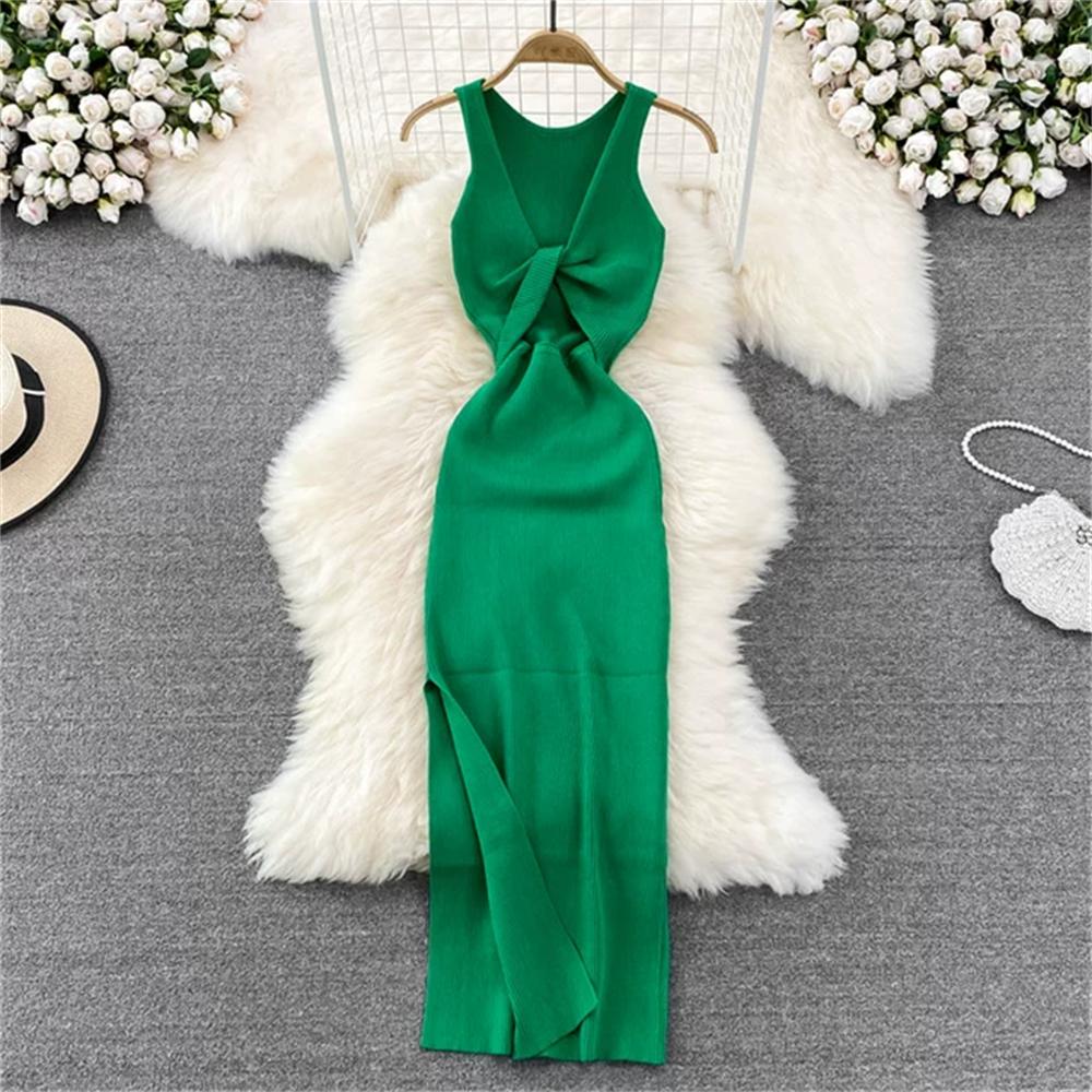 Vestido de Punto Minimalista sin Espalda para Mujer Verano SSólido de Punto sin Mangas Ajustado sin Mangas Sexy Bodycon Vestido Camiseta