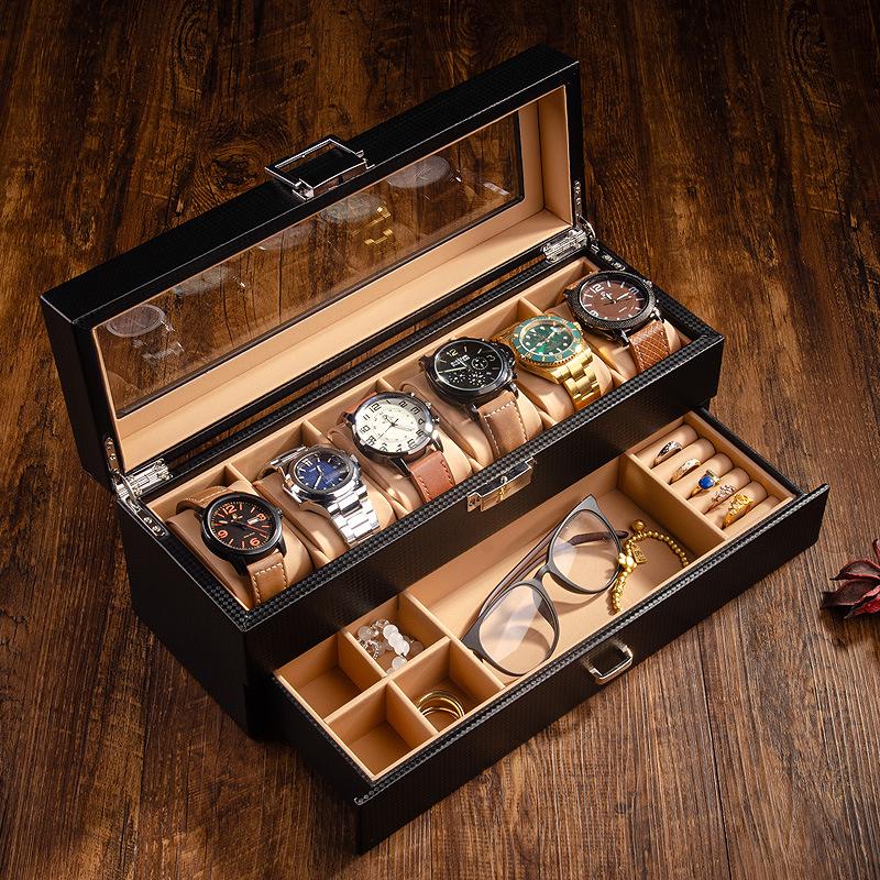 Carbon Fiber Leather Watch and Jewelry Storage Box