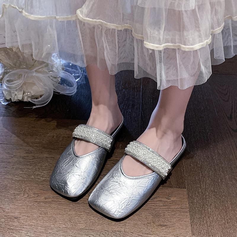 Fashion Summer 2025 Flats Mules Women Shoes Slingback Slippers Women Designer String Bead Square-toed Sandals Dress Fashion Slides Women