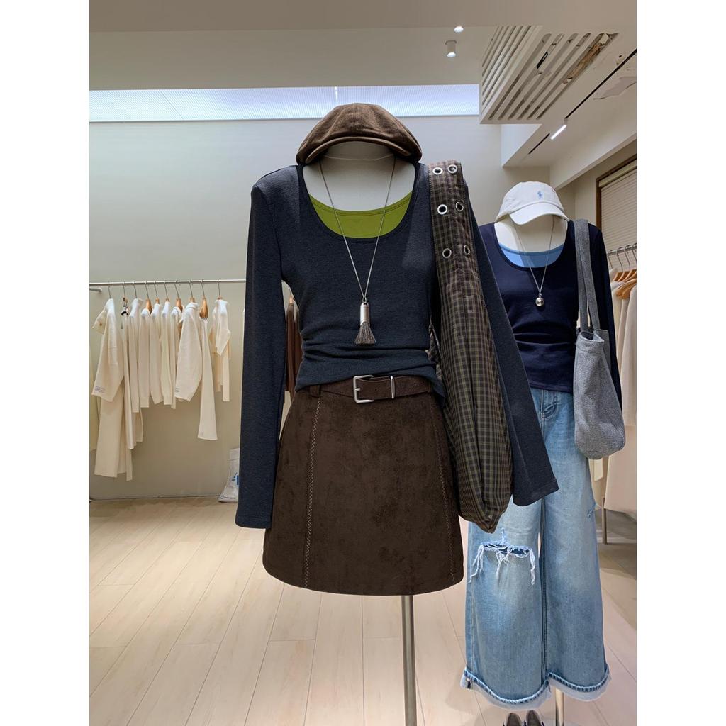 Korean Style Retro Brown Deerskin Suede Plus Size Hip-Hugging Short Skirt for Women