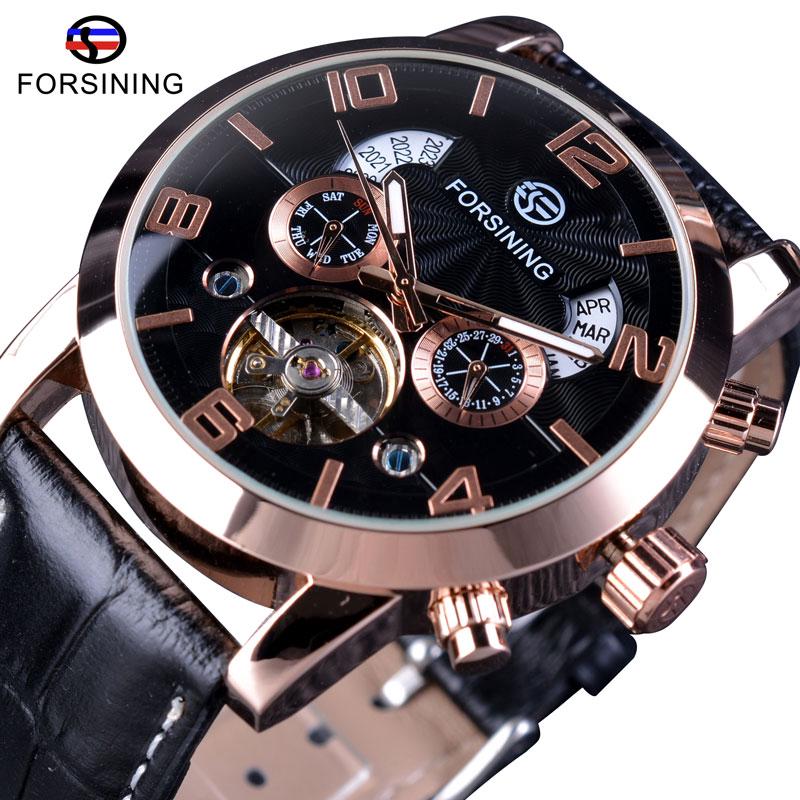 Forsining Herren-Luxus-Tourbillon, automatische mechanische Uhr, Wellendesign, Datumsanzeige, leuchtende Zeiger, wasserdicht, modische Armbanduhr Case Diameter 4.6 cm gelb