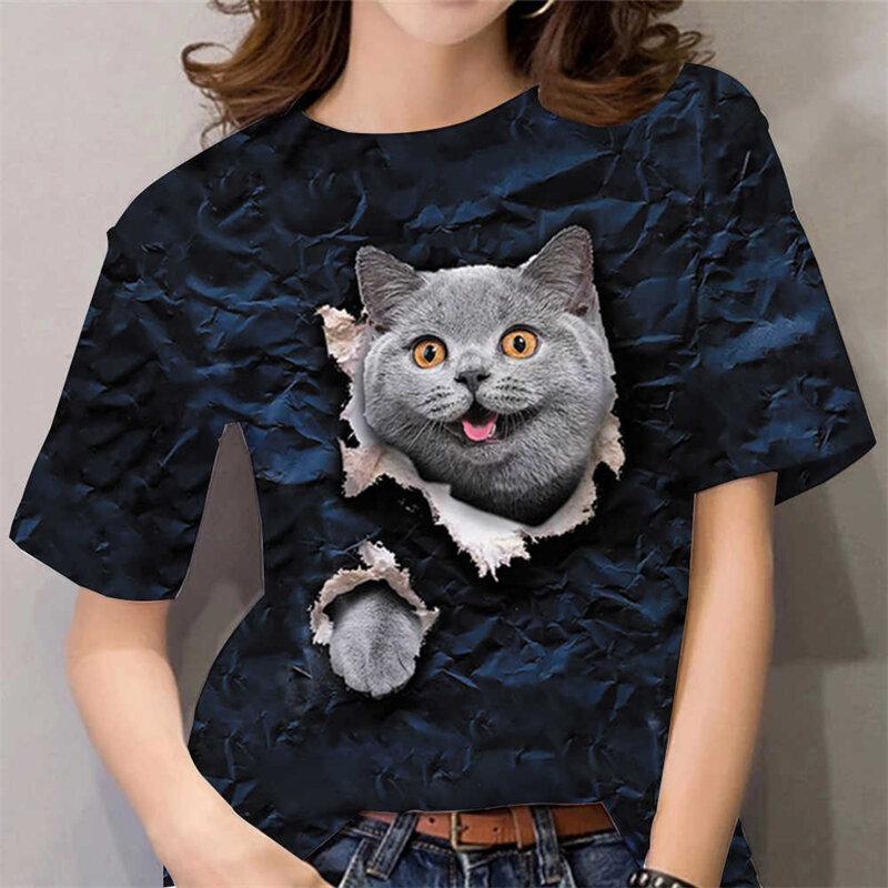 Damen Casual Mode Y2k Tops Sommer 3D Niedlicher Tier Katze Druck Kurzarm T-Shirts Rundhals Lustige Tops Damen T-Shirt Kawaii Kleidung