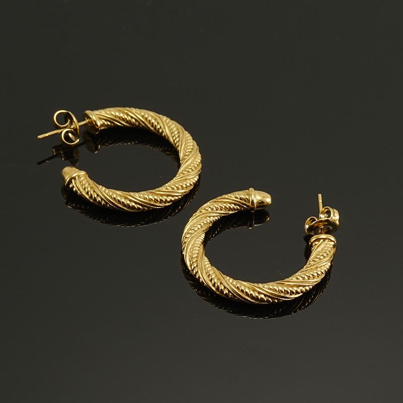 18K Gold-Toned Titanium Steel Round Hoop Earrings - Women's European & American Geometric Design