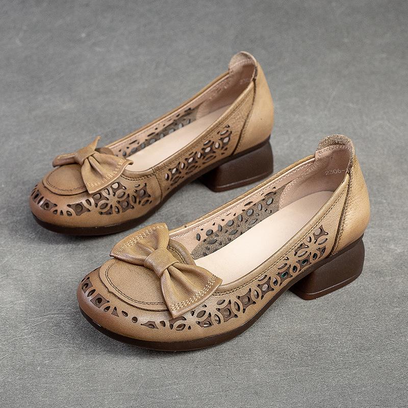 Johnature Sandale retro din piele naturală cu toc gros, cu vârf rotund, cu scobire, pantofi confortabili