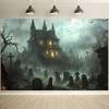 1 Stück Halloween-Spukhaus-Kulisse - schreckliche Friedhofsszene mit gotischem Schloss, Vollmond und Fledermausmustern.PMJ